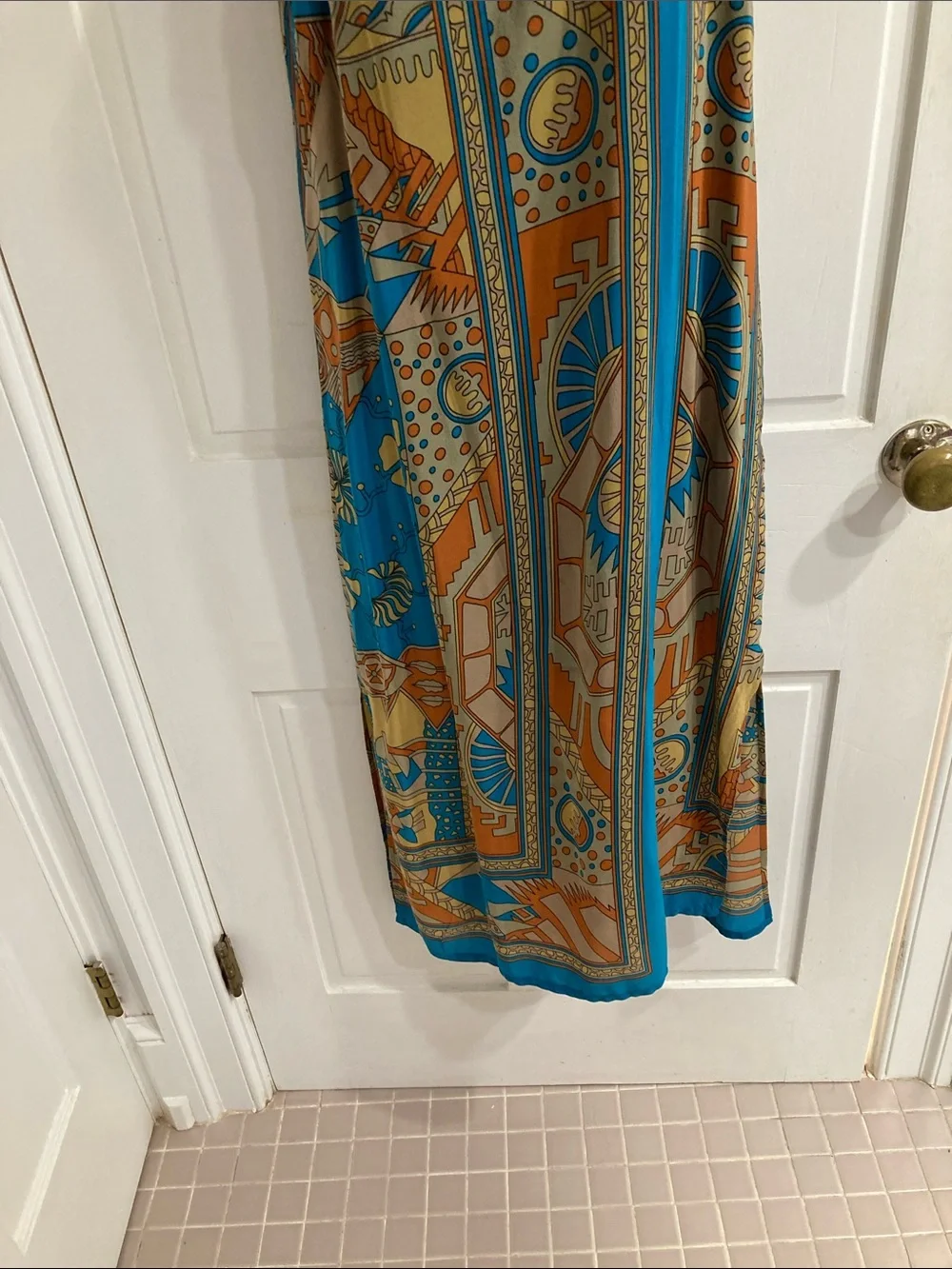 Silk Sleeveless Blue and Tan Printed Maxi Dress - Picture 3 of 6